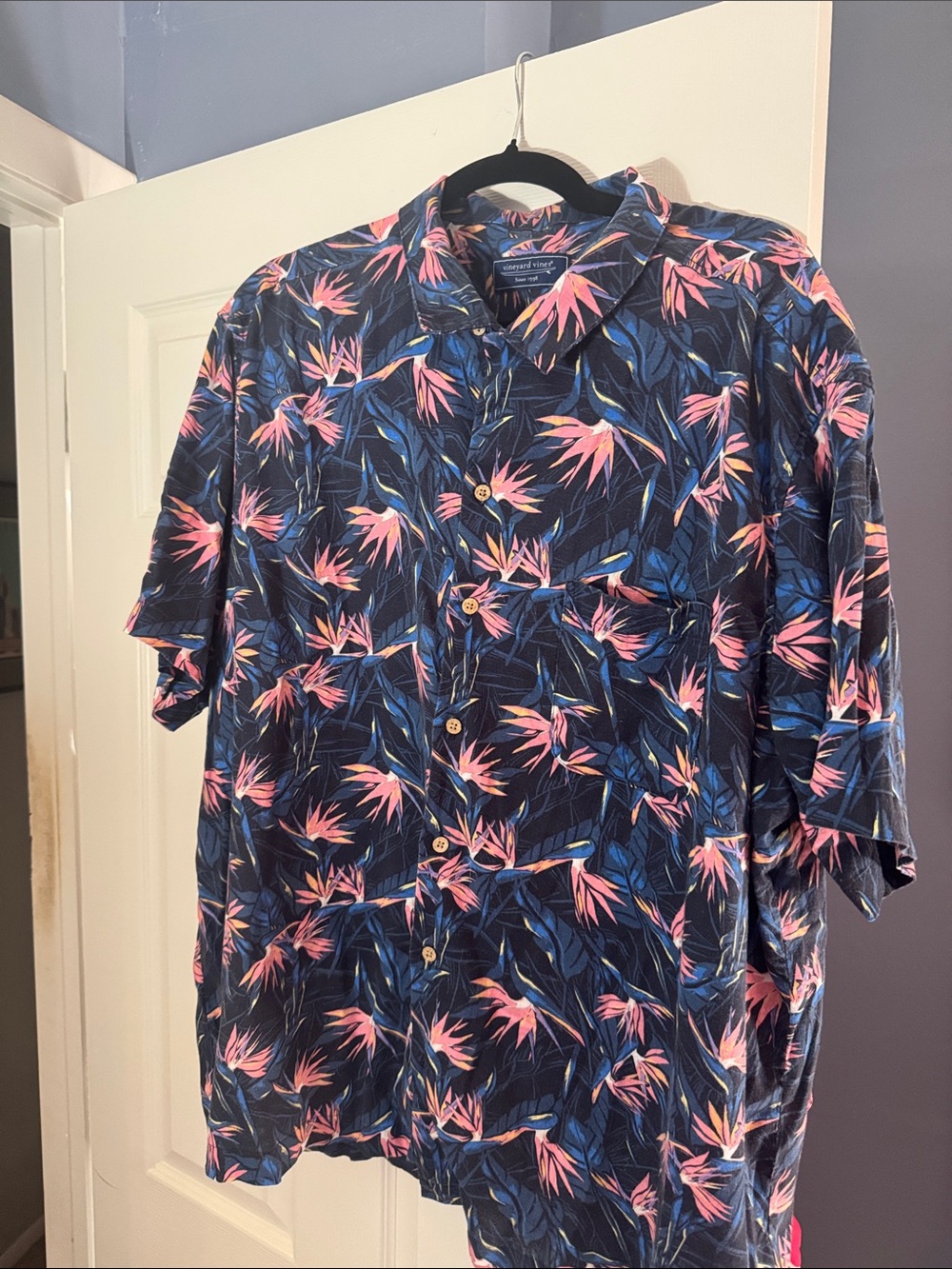 Vineyard Vines Navy Short-Sleeve Button-Down with Pink & Blue Tropical Print